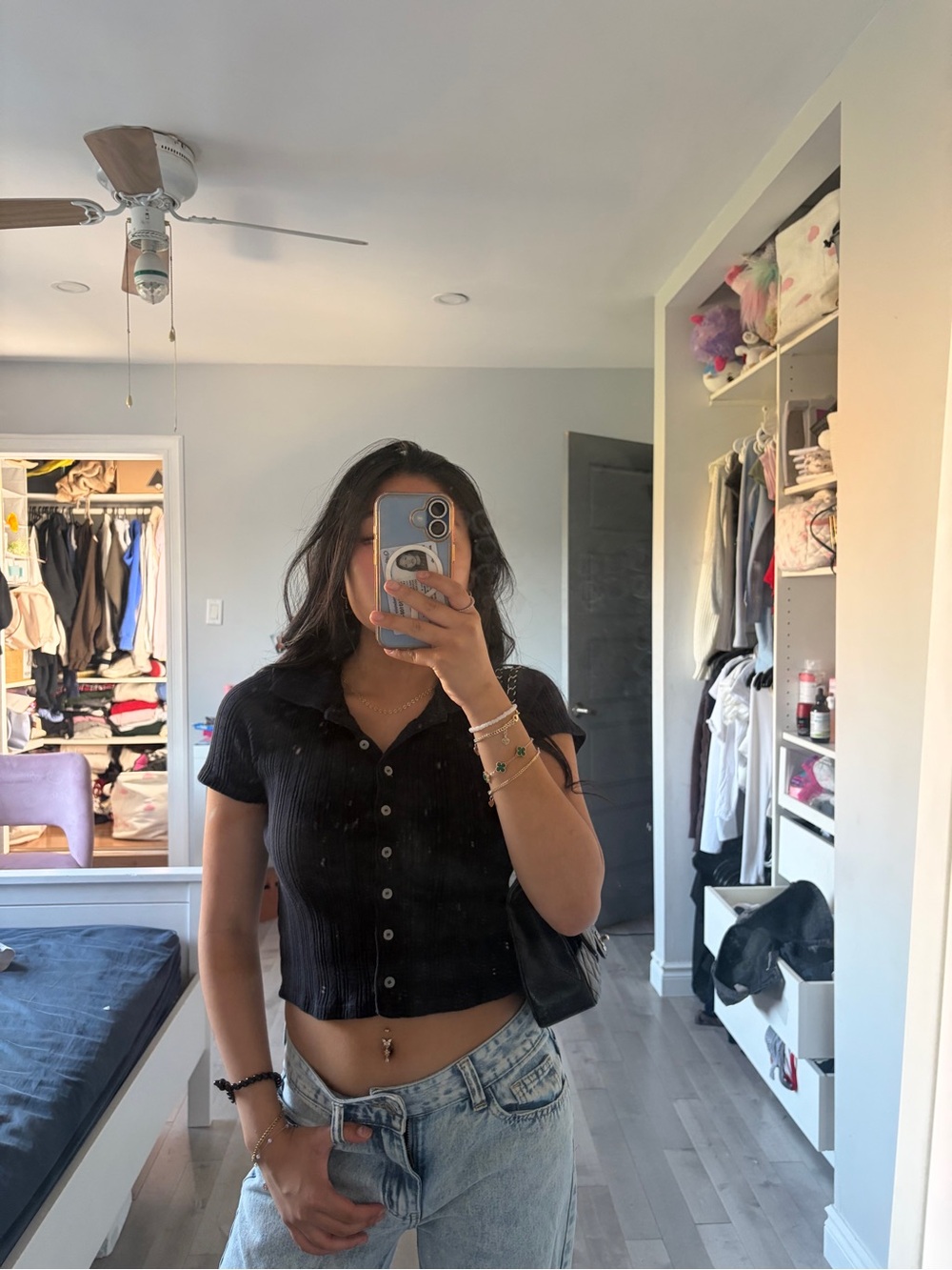 Brandy Melville Black Ribbed Button-Front Cropped Polo